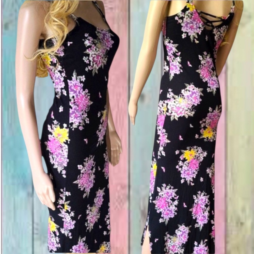 Poof New York Black Pink Floral Maxi Dress NWT